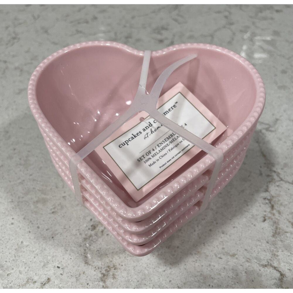 Set 4 Cupcakes and Cashmere 5” Bowls Heart Shape Melamine Valentine Pink Shimmer